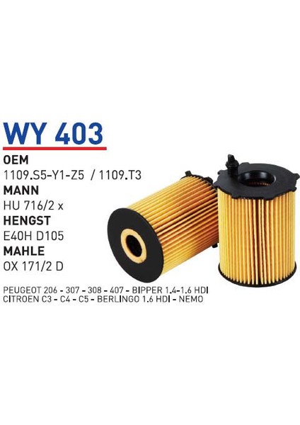 WY403 Oem 9467565780 Fiat Scudo 1.6 Jtd Otomobil Yağ Filtre Oil Filter
