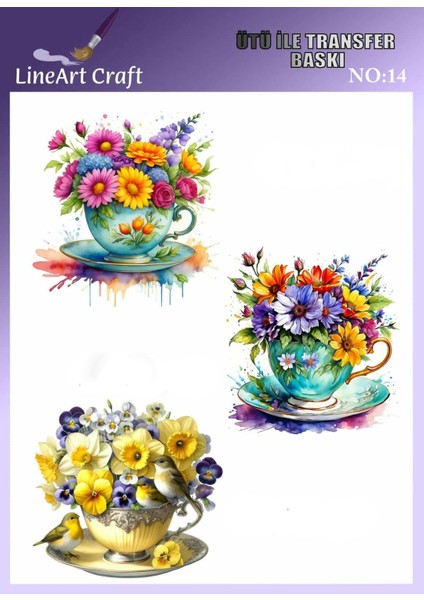 Fincan, Çiçek Desen N: 14 Kumaş Transfer Kağıdı 20*20