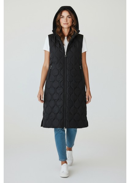 Kadın Önü Fermuarlı Yanlardan Cepli Kapüşonlu Kapitone Yelek Beyaz fırsatları