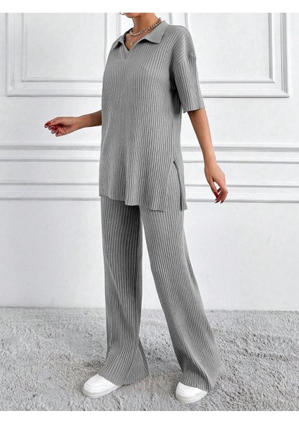 Geniş Fitilli Polo Yaka Kısa Kol Takım