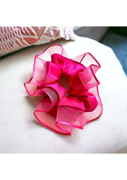 Kadın Pembe Kenarları Tül Scrunchie Büyük Boy Simit Toka