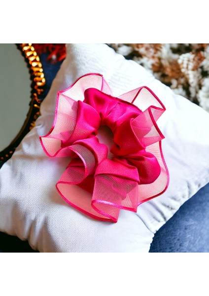 Kadın Pembe Kenarları Tül Scrunchie Büyük Boy Simit Toka modelleri