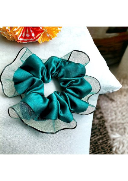 Kadın Yeşil Kenarları Tül Scrunchie Büyük Boy Simit Toka