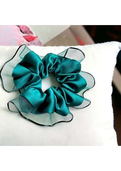 Kadın Yeşil Kenarları Tül Scrunchie Büyük Boy Simit Toka fiyatları