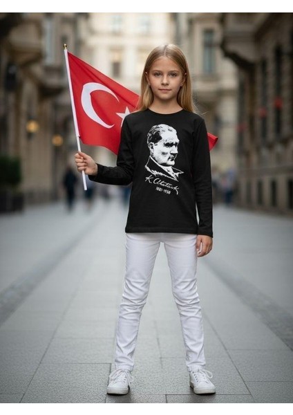 Çocuk Pamuklu Atatürk ve Imza Baskılı Uzun Kollu T-Shirt