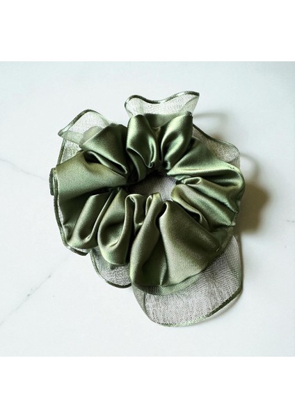 Kadın Haki Kenarları Tül Scrunchie Büyük Boy Simit Toka fiyatları