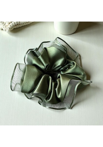 Kadın Haki Kenarları Tül Scrunchie Büyük Boy Simit Toka modelleri