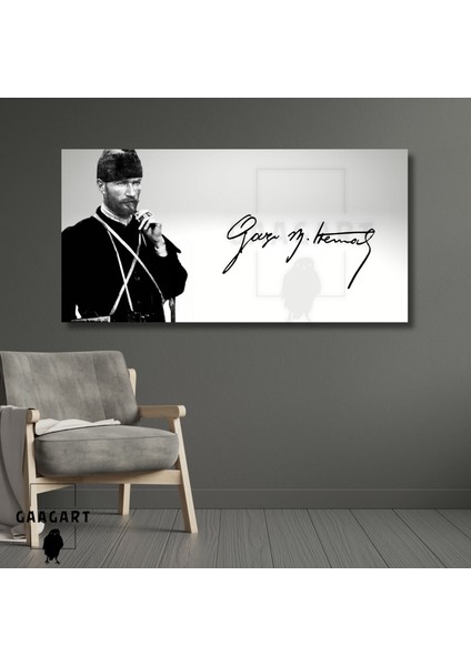 Panoramik Kanvas Makam Panosu Siyah Beyaz Atatürk Imza