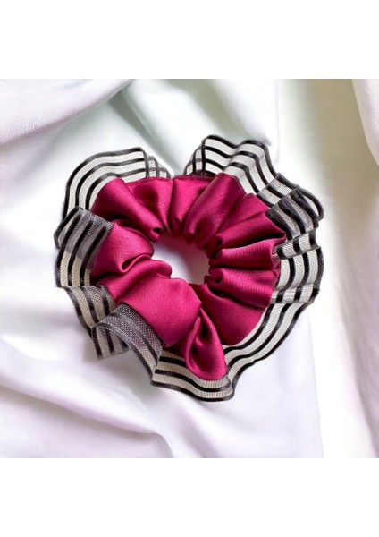 Kadın Bordo Kenarları Tül Scrunchie Büyük Boy Simit Toka