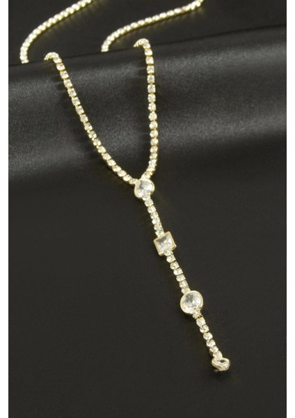 Oval Şerit Taşlı Çelik Y Kolye