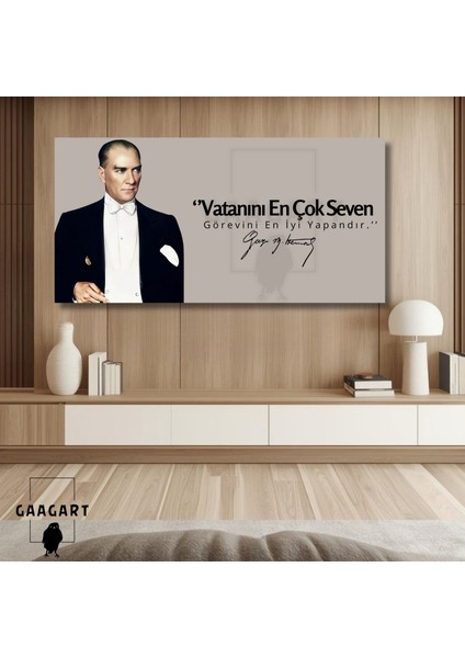 Panoramik Kanvas Makam Panosu Takım Elbiseli Atatürk Vatanını En Çok Seven Görevini En Iyi Yapandır
