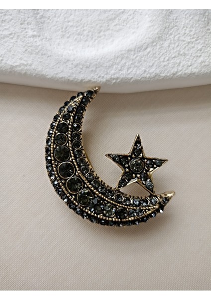 Özel Seri Zirkon Taşlı Altın Rengi Ay Yıldız Broş