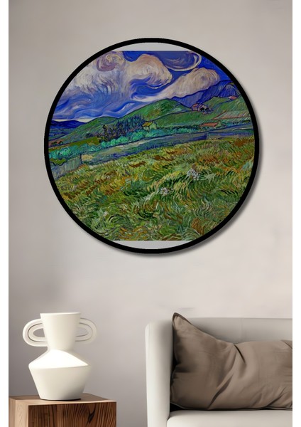 Çerçeve Görünümlü Van Gogh Tarlalar ve Dağlar Dekoratif Ahşap Mdf Tablo Yuvarlak Tablo