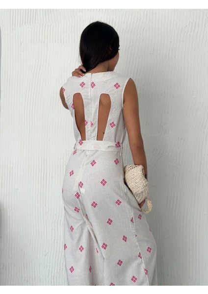 Sırt Dekolteli Keten Beyaz Tulum S1036 fiyatları