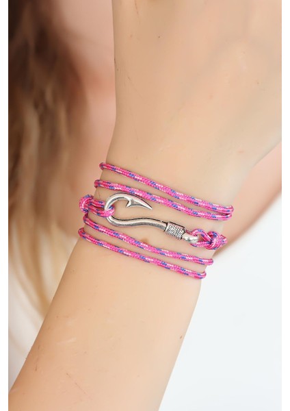Karışık Desenli Pembe Renk Gümüş Metal Kancalı Bayan Çoklu Bileklik