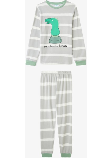 Açık Gri Erkek Çocuk Chess Play Dinozor Desenli Pijama Takımı