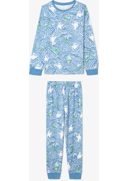 Açık Mavi Erkek Çocuk Mountain Canavar Desenli Pijama Takımı