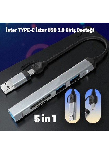 USB 3.0/usb 2.0/sd/tf Girişli 5 In 1 Tip-C Çevirici Adaptörü
