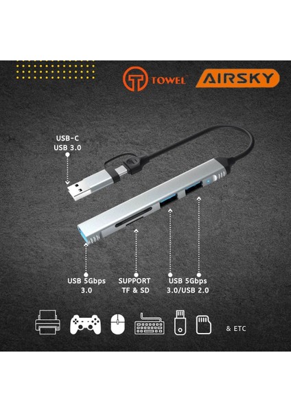 USB 3.0/usb 2.0/sd/tf Girişli 5 In 1 Tip-C Çevirici Adaptörü fiyatları