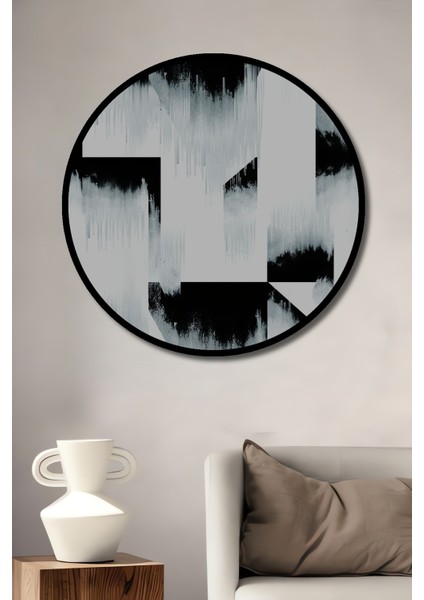 Çerçeve Görünümlü Soyut Siyah Beyaz Geometrik Dekoratif Ahşap Mdf Tablo Yuvarlak Tablo