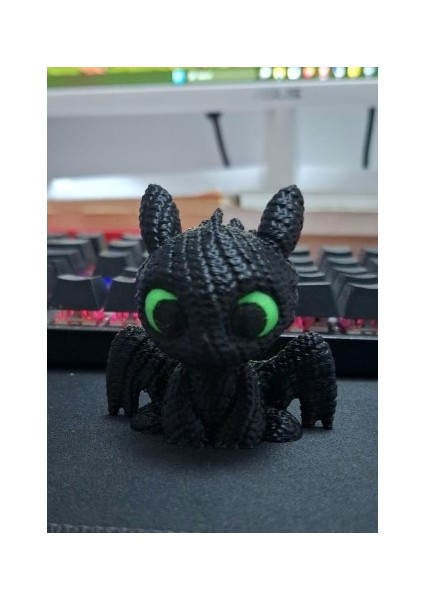 - 3D Baskı Ejderha Figür – Mini Siyah Ejderha Dekor – Yeşil Gözlü Koleksiyon Biblosu -Dişsiz