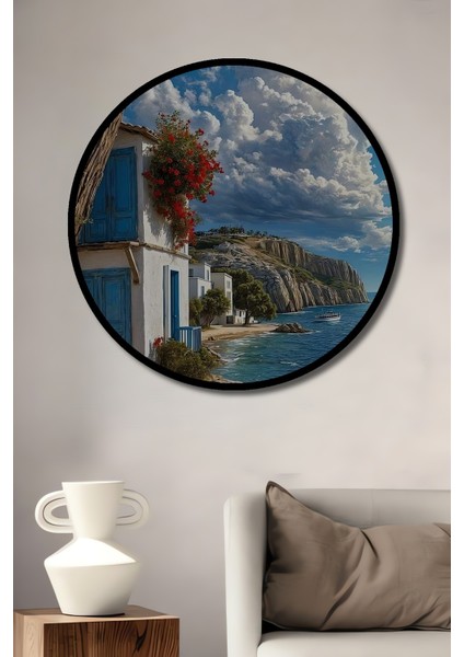Çerçeve Görünümlü Deniz Kenarında Beyaz Evler Ahşap Mdf Dekoratif Tablo Yuvarlak Tablo