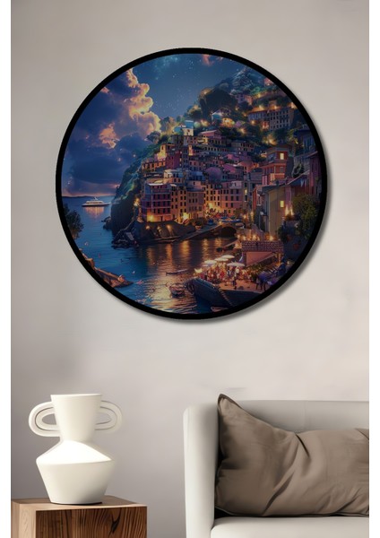 Çerçeve Görünümlü Ayışığında Akdeniz Kasabası Dekoratif Ahşap Mdf Tablo Yuvarlak Tablo