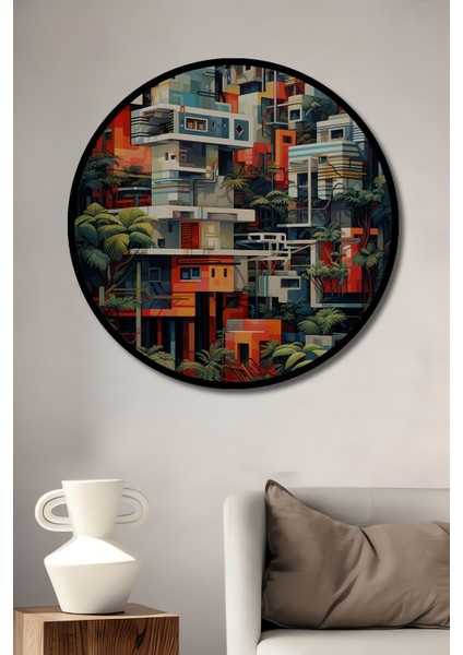 Çerçeve Görünümlü Renkli Tropikal Soyut Şehir Ahşap Mdf Dekoratif Tablo Yuvarlak Tablo