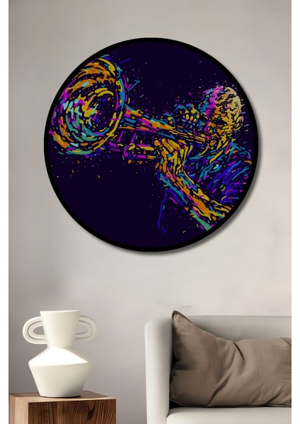 Çerçeve Görünümlü Caz Trompetçisi Soyut Sanat Dekoratif Ahşap Mdf Tablo Yuvarlak Tablo