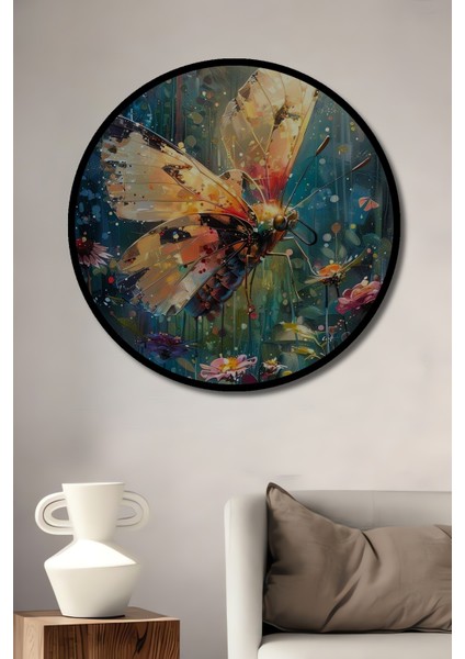 Çerçeve Görünümlü Renkli Kelebek ve Çiçekler Ahşap Mdf Dekoratif Tablo Yuvarlak Tablo