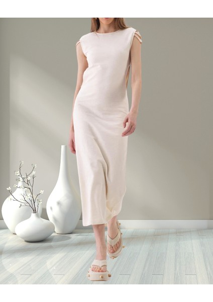 Minervaxint Kadın Naturel Kolsuz Omuzu Detaylı Yanlar Dekolteli Pamuklu Regular Fit Elbise