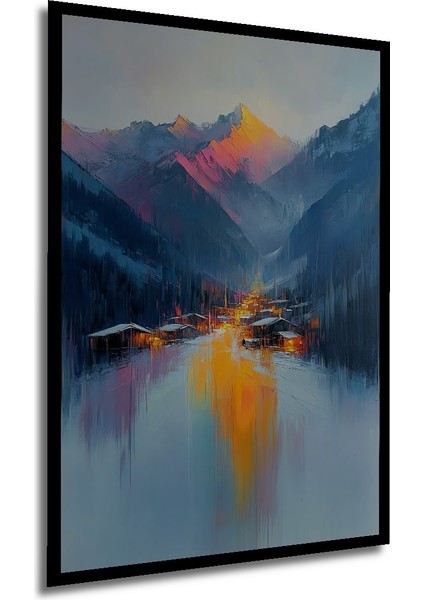 Çerçeve Görünümlü Dağ Eteğinde Günbatımı Dekoratif Ahşap Mdf Tablo Dikdörtgen Tablo modelleri