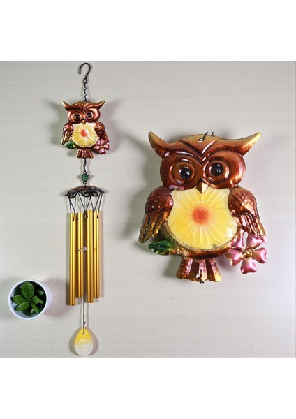 Feng Shui Baykuş Tasarımlı Cam Işlemeli Rüzgar Çanı Bahçe Balkon Dekorasyon Ürünü Yeni Ev Hediyesi