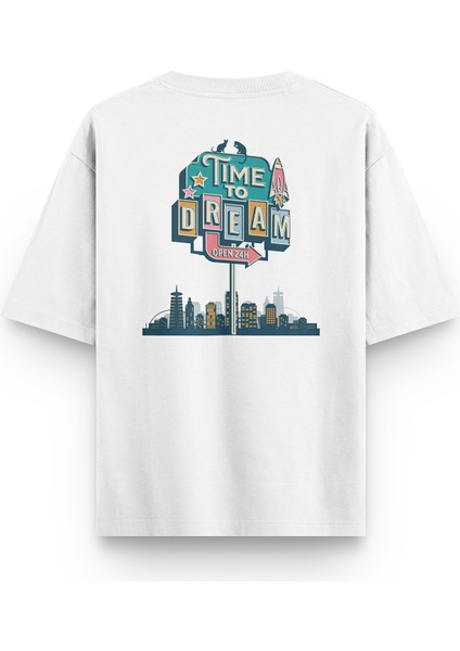 Beyaz Oversize Tshirt Time To Dream Sırt Baskılı Oversize Yazılı Unisex Tişört 1339