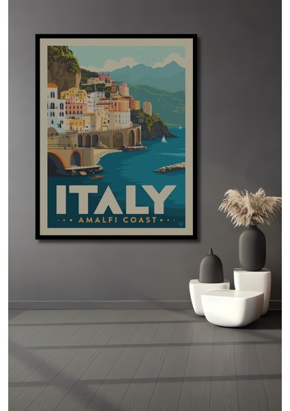 Çerçeve Görünümlü Amalfi Kıyıları Italya Ahşap Mdf Dekoratif Tablo Dikdörtgen Tablo