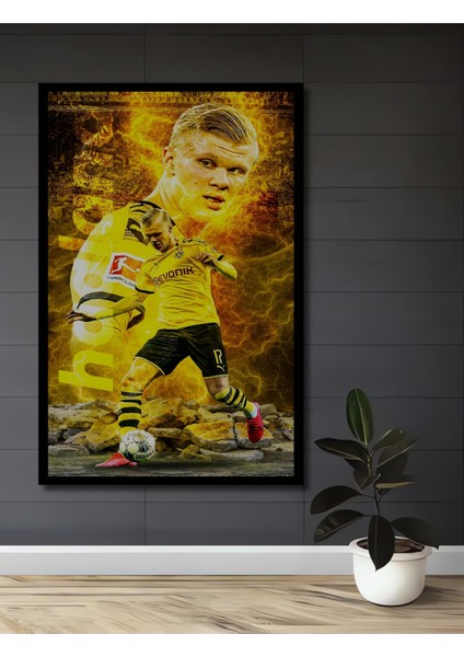 Çerçeve Görünümlü Futbolcu Erling Haaland Dekoratif Ahşap Mdf Tablo Dikdörtgen Tablo