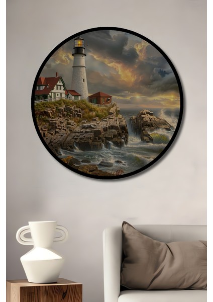 Çerçeve Görünümlü Fırtınalı Deniz Manzaralı Dekoratif Ahşap Mdf Tablo Yuvarlak Tablo