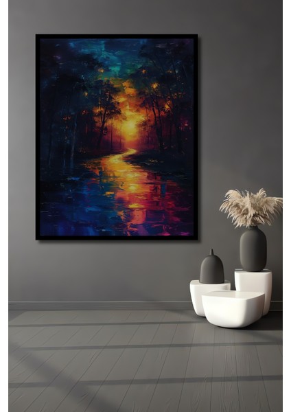 Çerçeve Görünümlü Büyülü Orman Gün Batımı Ahşap Mdf Dekoratif Tablo Dikdörtgen Tablo