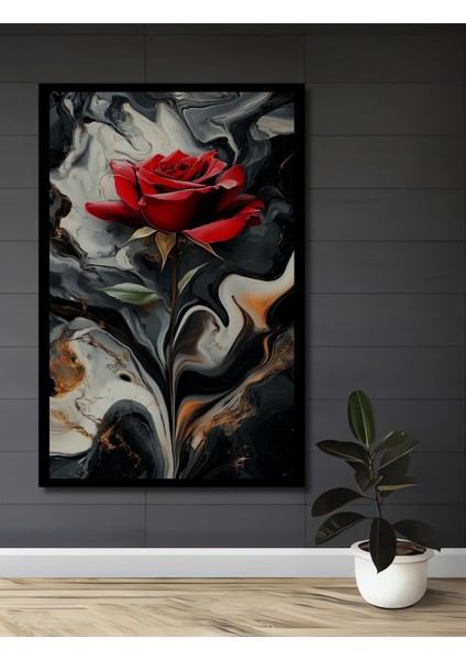 Çerçeve Görünümlü Kırmızı Gül Siyah Soyut Dekoratif Ahşap Mdf Tablo Dikdörtgen Tablo