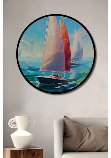 Çerçeve Görünümlü Ahşap Mdf Dekoratif Tablo Yelkenli Deniz Manzarası Yuvarlak Tablo