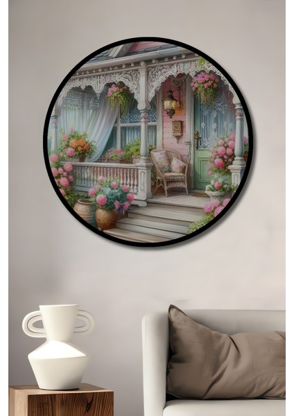 Çerçeve Görünümlü Romantik Çiçekli Veranda Ahşap Mdf Dekoratif Tablo Yuvarlak Tablo