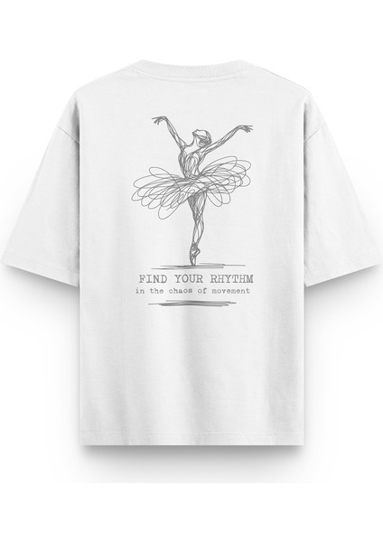 Beyaz Yarı Oversize Tshirt Balerin Find Your Rhythm Minimal Baskılı Oversize Tişört 1386