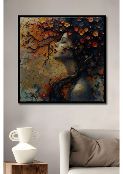 Çerçeve Görünümlü Rüya Gibi Çiçekli Kadın Ahşap Mdf Dekoratif Tablo Dikdörtgen Tablo