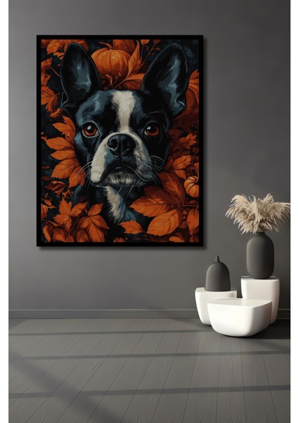 Çerçeve Görünümlü Boston Terrier Sonbahar Ahşap Mdf Dekoratif Tablo Dikdörtgen Tablo