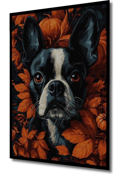 Çerçeve Görünümlü Boston Terrier Sonbahar Ahşap Mdf Dekoratif Tablo Dikdörtgen Tablo fiyatları