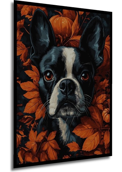 Çerçeve Görünümlü Boston Terrier Sonbahar Ahşap Mdf Dekoratif Tablo Dikdörtgen Tablo modelleri