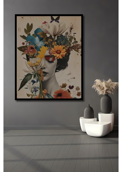 Çerçeve Görünümlü Rüya Gibi Çiçekli Kadın Dekoratif Ahşap Mdf Tablo Dikdörtgen Tablo