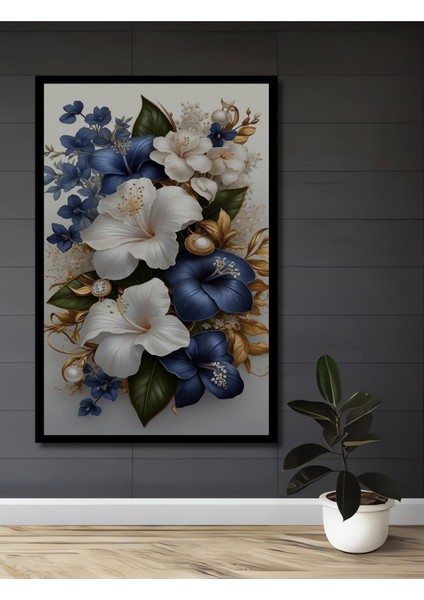 Çerçeve Görünümlü Mavi Beyaz Çiçek Buketi Ahşap Mdf Dekoratif Tablo Dikdörtgen Tablo