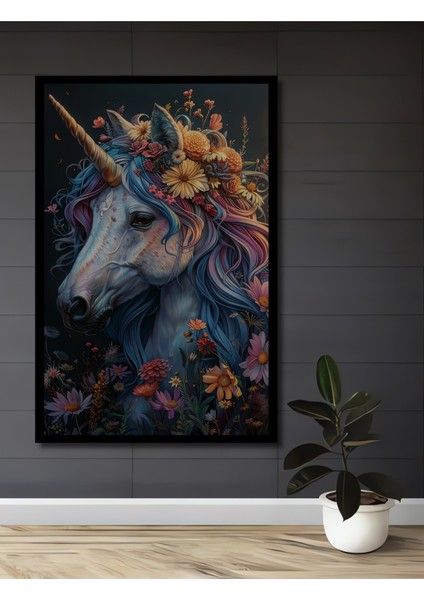 Çerçeve Görünümlü Büyülü Çiçekli Unicorn Dekoratif Ahşap Mdf Tablo Dikdörtgen Tablo