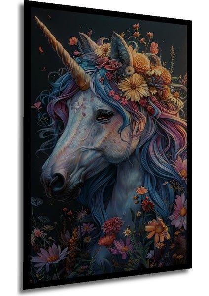 Çerçeve Görünümlü Büyülü Çiçekli Unicorn Dekoratif Ahşap Mdf Tablo Dikdörtgen Tablo modelleri